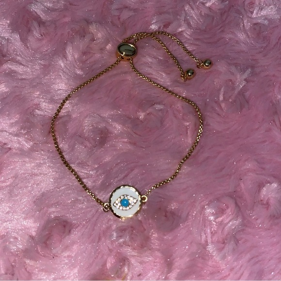 Jewelry - Gold Stainless Steel Blue Enamel Coin Zircon Evil Eye Adjustable Bracelet